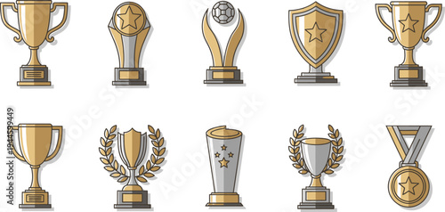 Gold trophy cup with gold silver and bronze medals and award cups isolated on white symbolizing victory success and competition