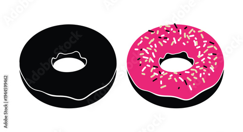 Two donuts one black outline one pink with colorful sprinkles