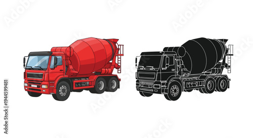 Red and grayscale illustrations of a concrete mixer truck