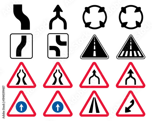 Collection of road traffic signs and symbols for navigation and direction guidance