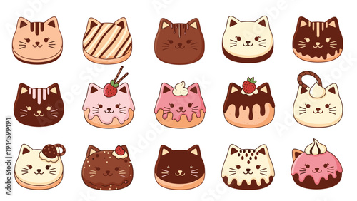 Grid of fifteen adorable cat shaped donuts with various colorful frostings and toppings like strawberries and sprinkles.