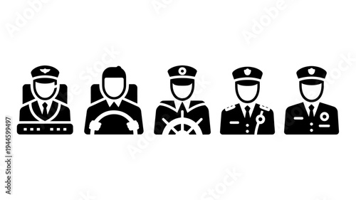 Collection of various professional drivers and pilots in uniform icons