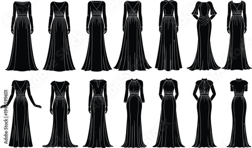 Elegant evening gown silhouettes, formal long dress icons, luxury fashion apparel, stylish female party wear, classic bridal wedding vector illustrations.
