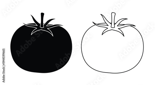 Two tomatoes depicted in contrasting black and white line art styles