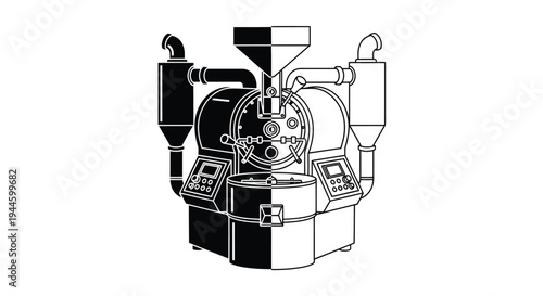 Detailed illustration of a vintage coffee roasting machine in black and white