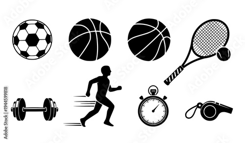 Sports and Athletic Icon Vector Set with Balls Players and Fitness Symbols