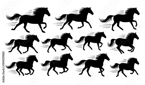 Minimal Running Horse Black Silhouette Vector Icon Collection