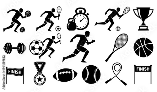 Stylized Sports and Athletic Icon Pack with Balls Players and Fitness Symbols