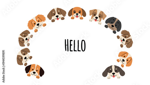 Circular border of various cute dog breed heads looking inward towards a hello greeting for a friendly message.