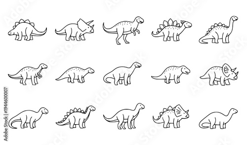 Minimal Dinosaur Outline Vector Icon Set for Kids Education