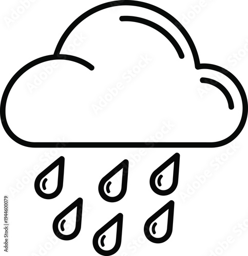 Simple line drawing of a cloud raining on a white background