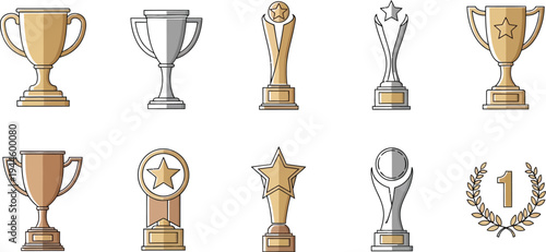 Set of 10 Modern Gold, Silver, and Bronze Trophy and Award Icons Vector Collection for Achievement, Success, and Competition