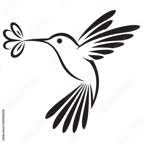 Graceful Hummingbird in Flight Carrying a Delicate Flower