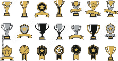 Set of 20 Gold and Silver Trophy and Award Icons Vector Collection for Achievement, Success, and Competition Recognition