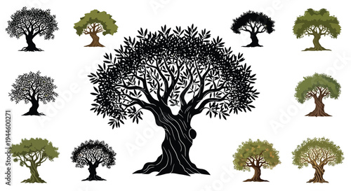 Collection of various olive trees in different styles and shades