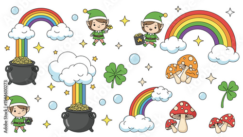 Large collection of St. Patricks Day elements including leprechauns and rainbows plus pots of gold and mushrooms.