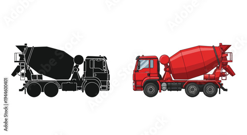 Concrete mixer truck illustration a monochrome and colored side view