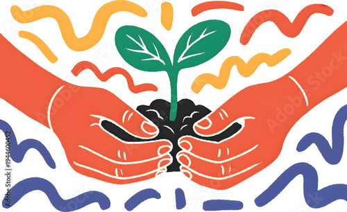 Two cupped hands gently hold a small green seedling emerging from dark soil against a background of colorful abstract lines.