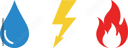 Blue water drop yellow lightning bolt and red flame on white background