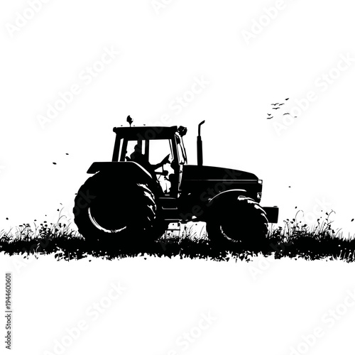 Silhouette of a tractor plowing a field with birds flying overhead in the countryside.