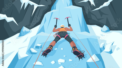 Ice climber scaling frozen waterfall with ice axes and crampons in mountain canyon, vector illustration