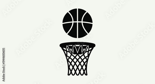 Black basketball hoop and ball icon on light green background