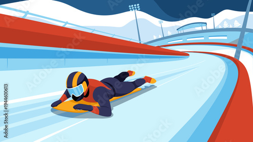 Athlete racing luge sled on icy track, high speed winter sport competition vector illustration