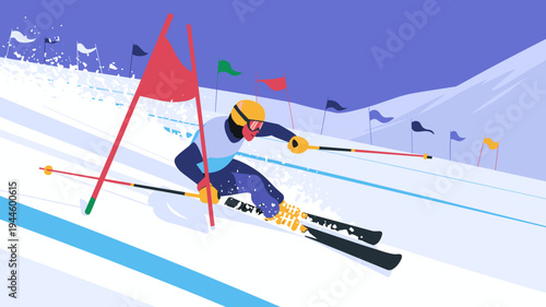 Alpine skier racing through slalom gates on snowy mountain slope winter sport competition vector illustration