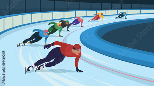 Speed skaters racing on indoor ice rink competitive winter sport event, Vector illustration