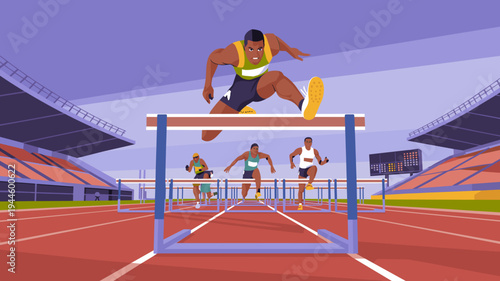 Athlete jumping over hurdle on stadium track, competitive hurdles race Vector illustration.