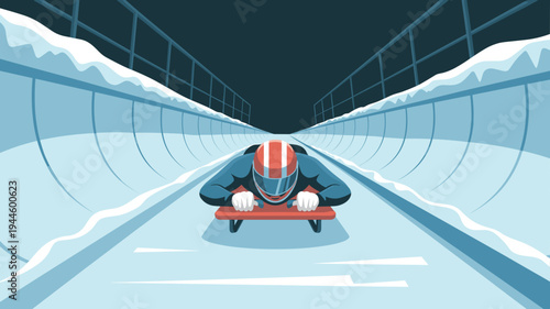 racing skeleton sled headfirst on icy track vector illustration.