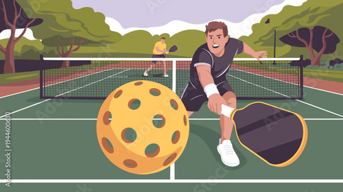 Player hitting perforated ball with paddle on outdoor pickleball court, vector illustration