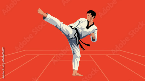 fighter performing high kick during combat sport training on indoor mat, Vector illustration