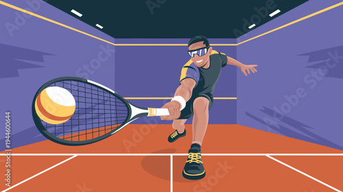 Athlete playing racket sport hitting ball on indoor court Vector illustration