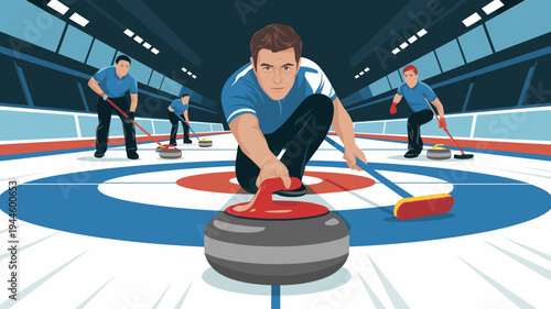 Curling player sliding stone on ice rink winter sport competition with team members vector illustration