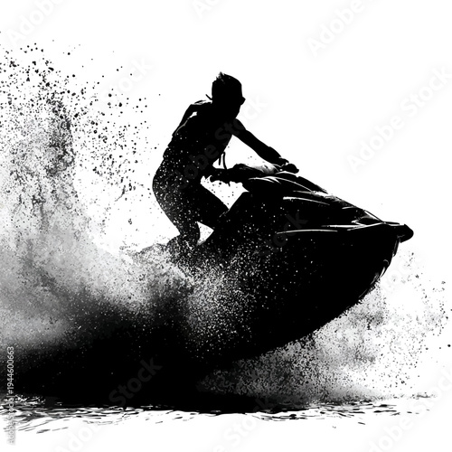 Silhouette of a person riding a jet ski on the water with splashes.