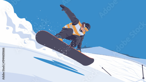 Snowboarder performing high jump trick on snowy mountain slope, winter sport action vector illustration.
