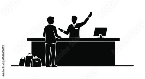 Hotel check in process depicted in a simple black and white silhouette