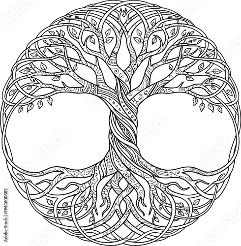 Beautiful intricate tree with twisted roots and branches in circular shape