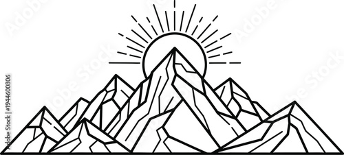 Simple line art illustration of a mountain range with a rising sun