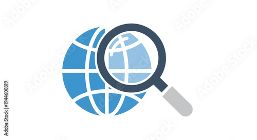 Magnifying glass over globe icon.