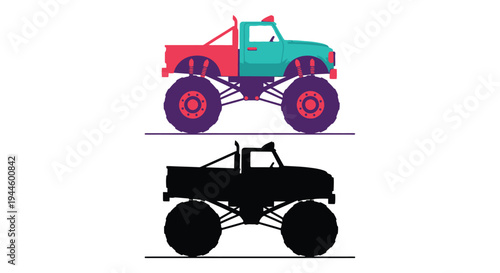 Colorful monster truck illustration with a shadow silhouette below