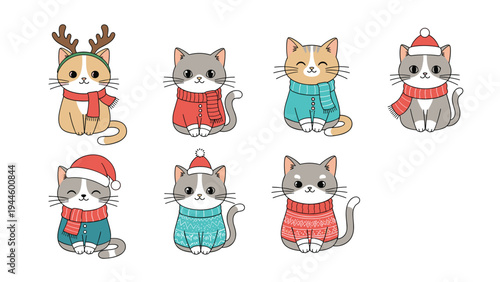 Set of seven cute cats wearing various winter and Christmas outfits including sweaters and scarves and reindeer antlers.