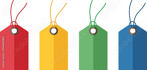 Four colorful price tags with strings on white background label red tag yellow tag