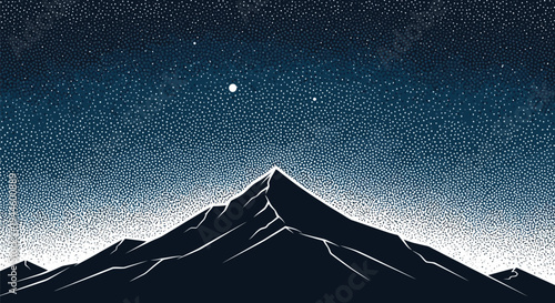 Majestic mountain peak under a starry night sky with moon
