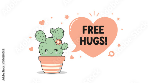 Cute cactus in a pot with a pink flower next to a large heart shaped speech bubble offering free hugs.