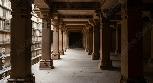 Interior view of adani stepwell in gujarat, india, revealing deep corridor with symmetrically arranged pillars and ornate indian architectural elements