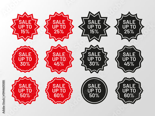 Price drop promo boxes, stamps. Discount red and black splash badges. Set of circle tag product labels. Starburst shapes isolated on white background. Vector illustration.