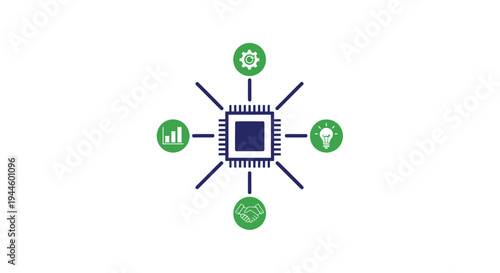 Microchip with connected green icons.