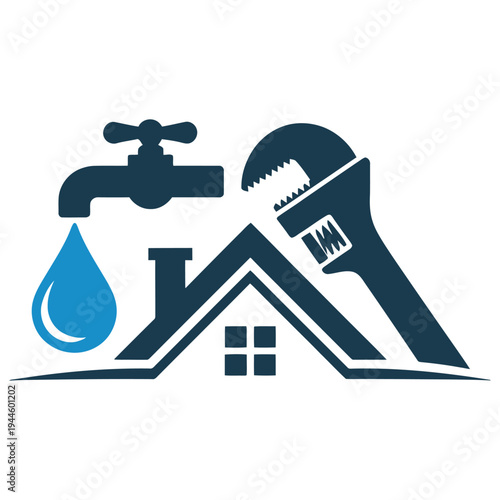 Plumbing and home maintenance illustration with water faucet and wrench